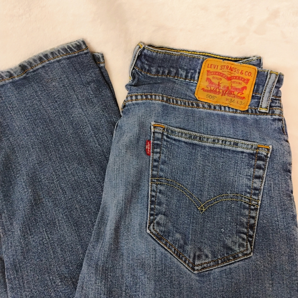 Levis 505 Mens 34x34 Regular Fit Straight Leg Denim Blue Jeans Pants I